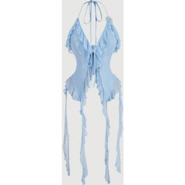 SHEIN Summer Romantic Light Blue Ruffle Edge Ribbon And 3D Flower Tie Neck Top Summer Women Tops Concert Women Outfit Sexy Outfits