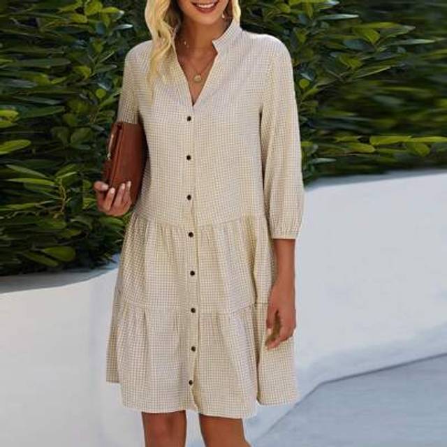 SHEIN Women&#39;s Summer Mini Dresses: Casual V Neck 3/4 Sleeve Button Down Loose Swing Short Shirt Shift Gingham Dress