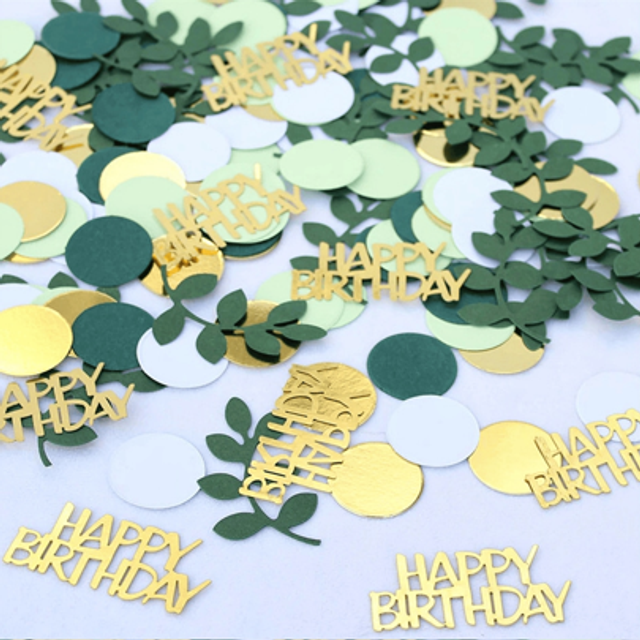 SHEIN 100pcs Green Sage Leaves With Gold &#34;Happy Birthday&#34; Confetti - Perfect For Table Scattering, Party Decor & Celebrations, Holiday Accessories, Birthday