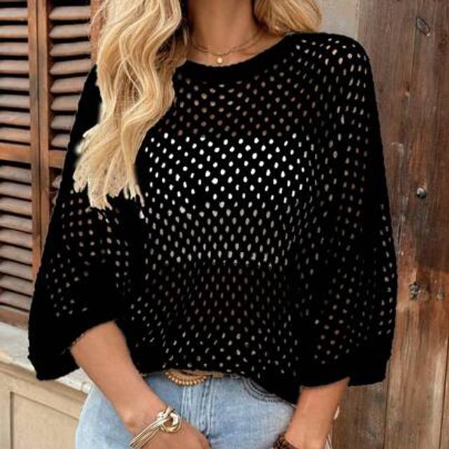 Calvaya Casual Loose Round Neck Batwing Sleeve Hollow Knitted Apricot Women Top, Spring/Autumn
