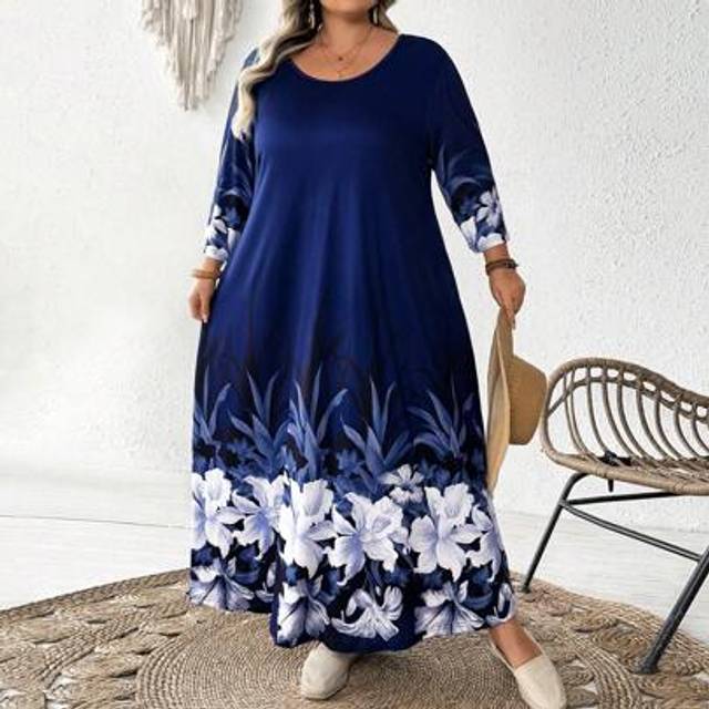 Plusstorlek damklänning i retrostil, elegant, mångsidig, marinblå, vit blommig, långärmad, rund hals, lämplig för höst och vinter, strandklänning, sol (5XL,6XL,7XL,8XL)