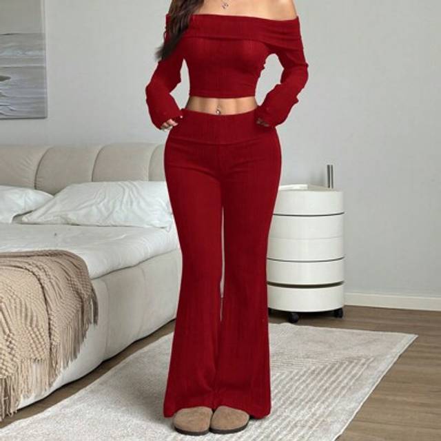 SHEIN 2 Pieces Women&#39;s Solid Off-The-Shoulder Long Sleeve Cropped Top And Flared Pants Fashion Set