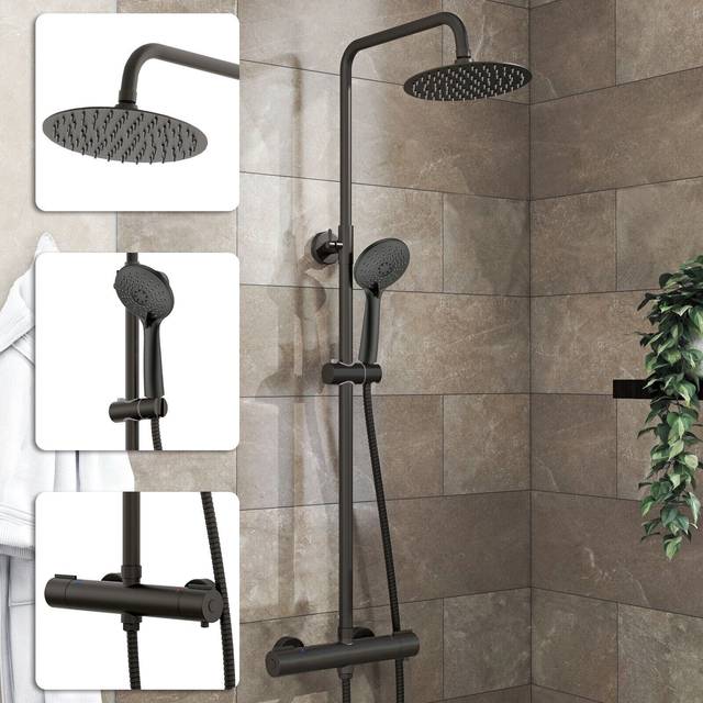 Bathroom thermostatic mixer shower set round black matte twin head exposed valve