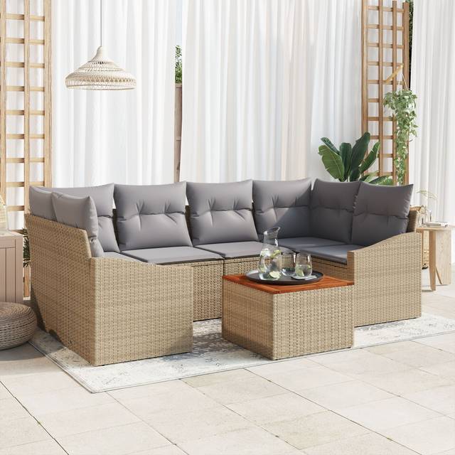 7-delat trädgårdssoffset med kuddar Beige polyrotting Acacia