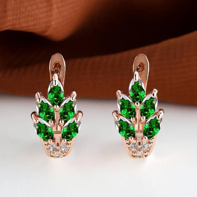 (green) Fashion Women Rose Gold Color Leaf Ear Hook Earrings Marquise Cut Red Blue Purple Stone Pendant Earrings Jewelry Bridal Wedding Gift Accessori