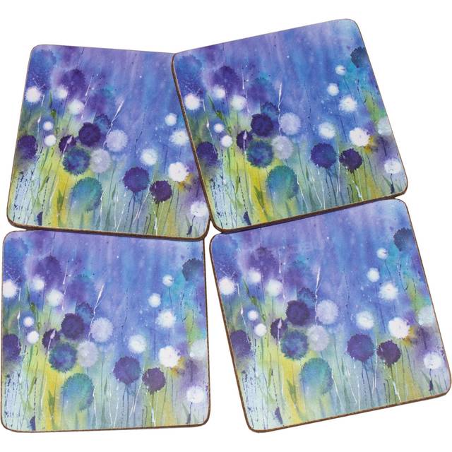 Set of 4 drinks coasters floral blue cornflower 10cm cork table setting mug mats