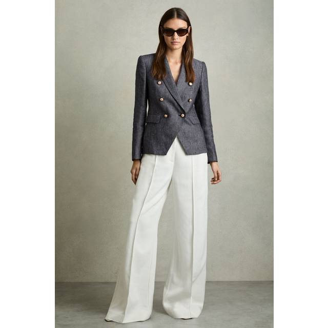 Reiss Petite Baker Linen Cotton Double-Breasted Blazer, Navy