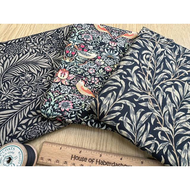 Fat quarter fabric bundle - william morris ebony black floral bird print fabric