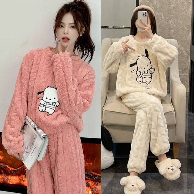 (Pink) Ladies Fleece Pyjama Set Soft Warm Crew Neck Top Pants Pacha dog Nightwear