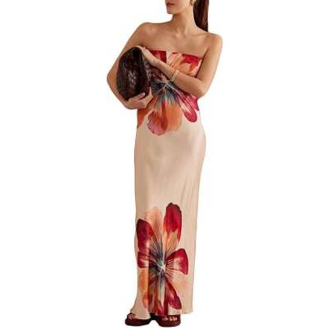 SHEIN Women&#39;s Floral Print Sleeveless Strapless Draped Backless Bodycon Summer Maxi Tube Dress