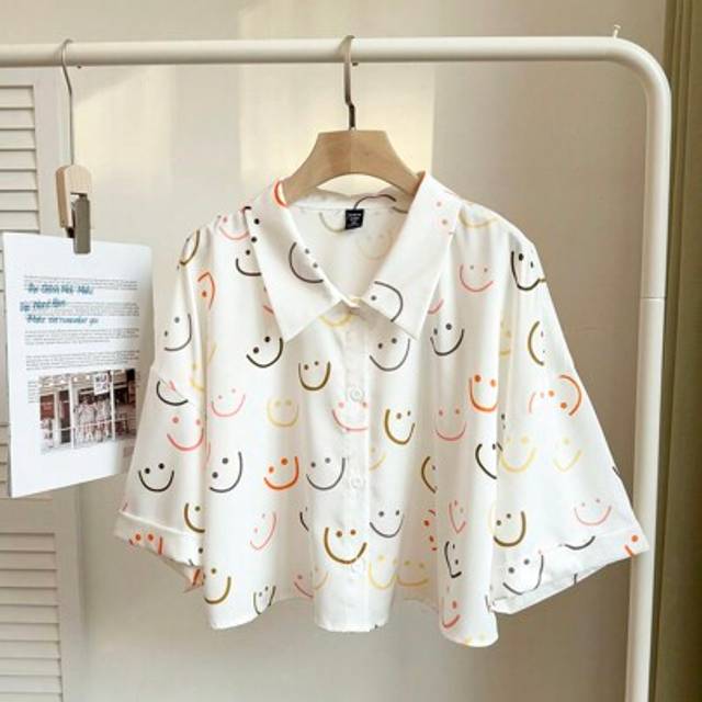Comfortcana Plus Size Front Button Emoticon Print Casual Short Sleeve Blouse, Everyday Wear