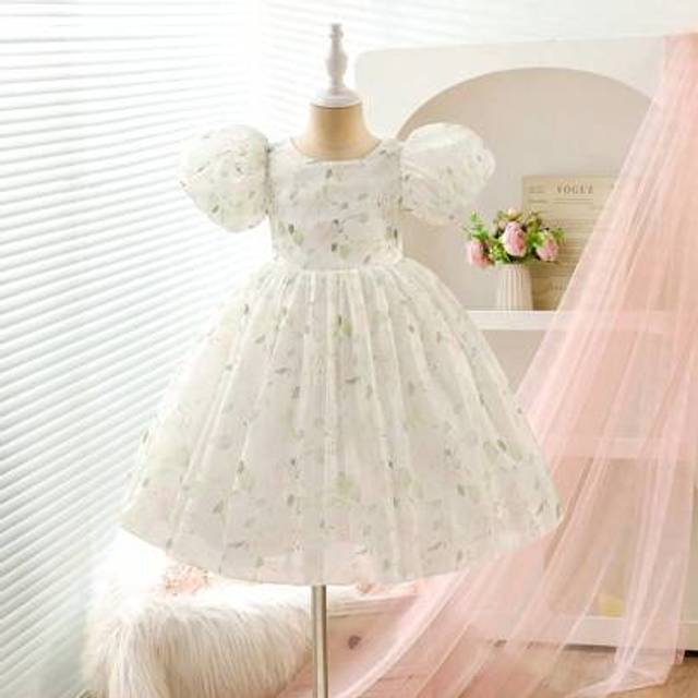 SHEIN Mother&#39;s Day Gift Mommy And Me Outfits Flower Girl Birthday Party Wedding Festival Dress Girls&#39; Princess Dress White Leaf Flower Digital Printing Mesh