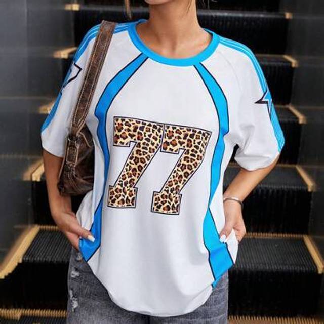 SHEIN Girls Casual Classic Sporty American Street Team Leopard Print Number Colorblock Raglan Sleeve Oversized T-Shirt