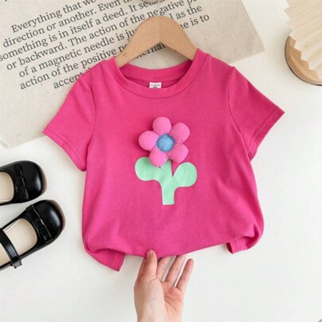 SHEIN Young Girl Plain Round Neck 3D Flower Casual T-Shirt