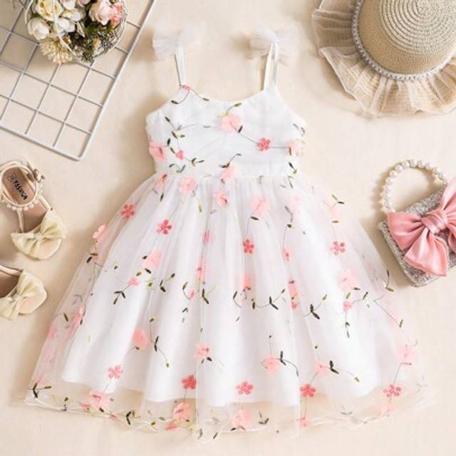 SHEIN Young Girls 3D Floral Mesh Camisole Princess Dress, Suitable For Holiday, Wedding, Vacation, Summer Young Girls Spring Dresses Young Girls Summer Dres
