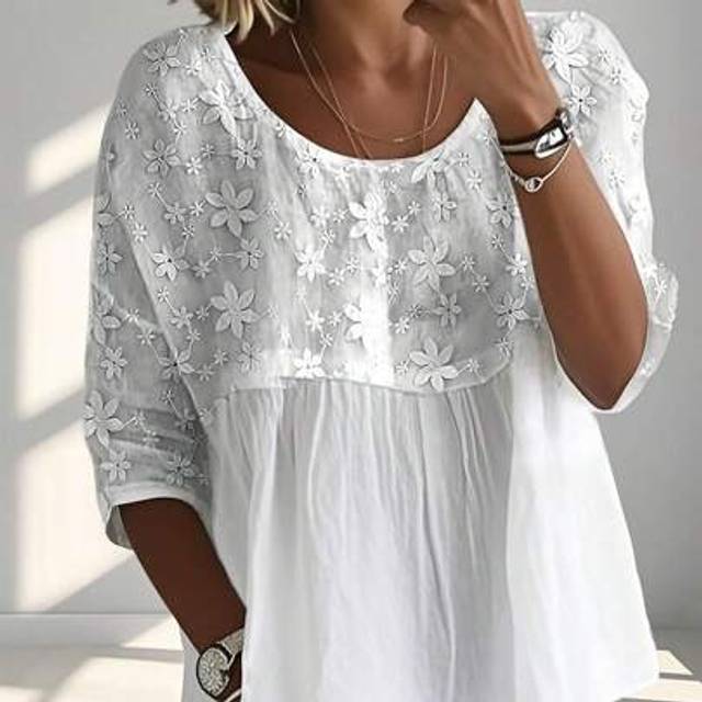 INAWLY Women&#39;s Floral Embroidery Round Neck Loose Half Sleeve Casual Blouse