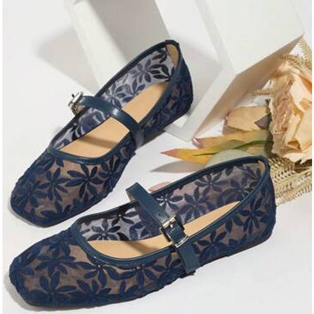 SHEIN Navy Blue Floral Embroidered Flat Ballet Shoes For Women, Breathable Hollow-Out Mesh Sandals With Square Toe For Wide/Fat Feet, Summer Mary Jane Shoes