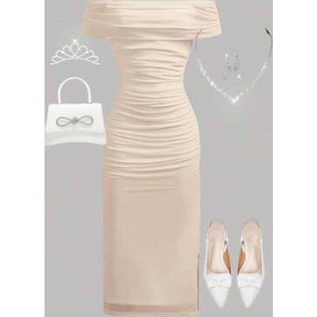 SHEIN TEENGIRL Apricot Elegant Off-Shoulder Pleated Mesh Snug Fit Dress,Party Dress