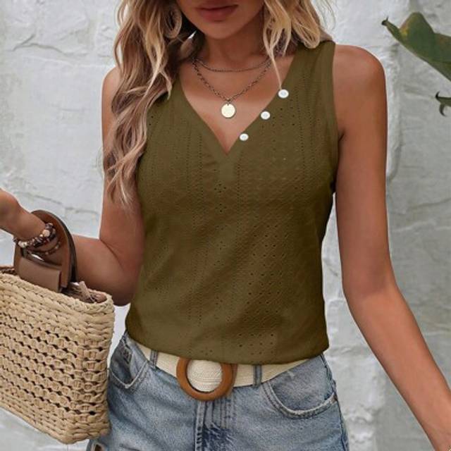 SHEIN Women Casual Solid Color V Neck Eyelet Embroidered Tank Top