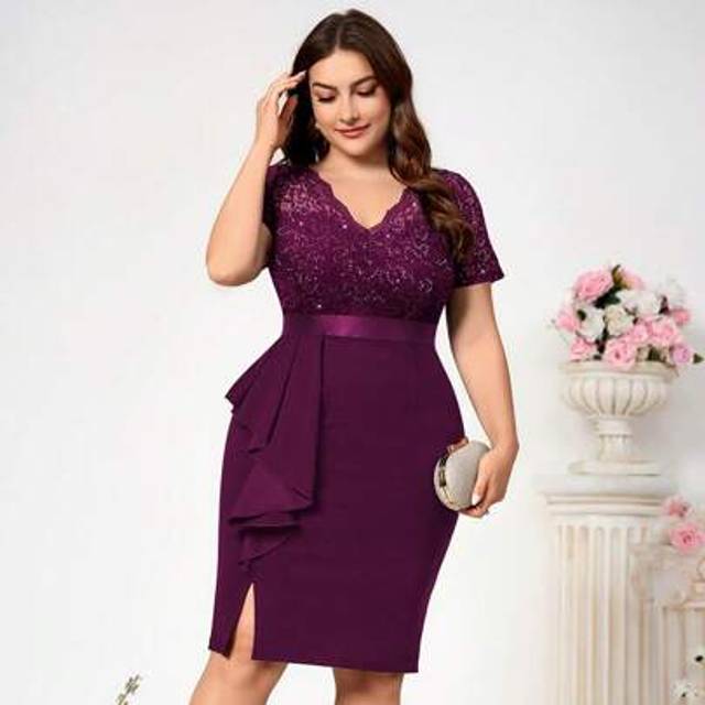 SHEIN Plus Sequin Lace Bodice V Neck Ruffle Split Thigh Evening Party Bodycon Dress, Work Business Dress, Semi Formal Wedding Guest Dress, For Birthday, Gra