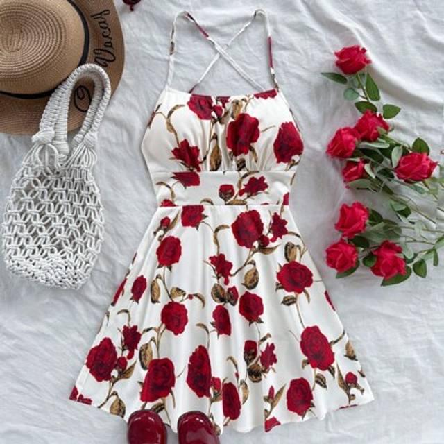 Soleia Plus Size Women Holiday Romantic Red Floral Pattern Spaghetti Strap Backless A-Line Mini Dress, Spring/Summer Fashion Sexy Sundress For Beach, Cruise,