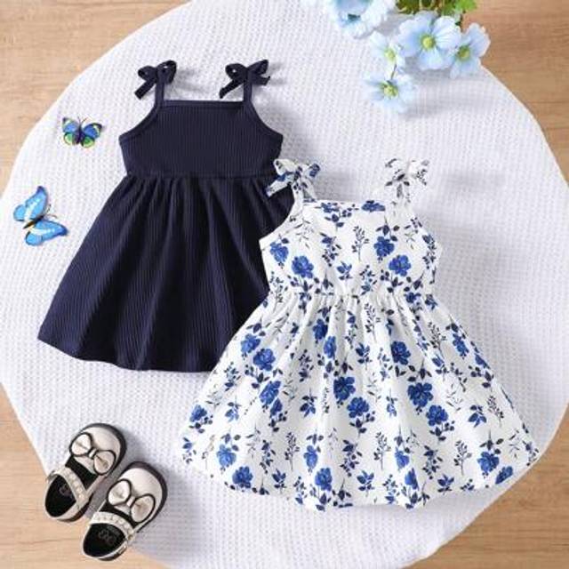 SHEIN 2pcs/Set Baby Girls Casual All-Match Cute Fun Sweet Vintage Blue Ditsy Floral Strap Dress Multicolor Combination Suitable For Holiday Celebration, Bir
