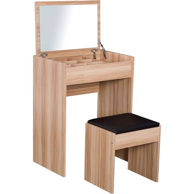 HOMCOM Dressing Table Set Cushioned Stool Flip-up Mirror Chipboard - Wood Grain