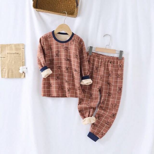 SHEIN 2pcs Young Boy Mocha Dinosaur Print Thermal Lined Long Sleeve Top And Pant Pajama Set