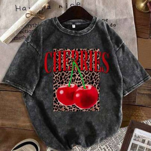 SHEIN Cotton &#34;Leopard Letter Cherry&#34; Pattern Printed T-Shirt Summer Women&#39;s Fun T-Shirt Short Sleeve Top Printed Regular Fashion Washed T-Shirt