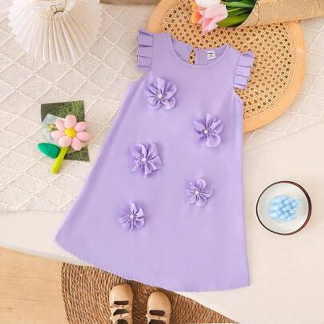 SHEIN Girls Lavender 3D Floral Sleeve Front Pleat Elegant Casual Daily Wear Dress Flower Dresses For Young Girls Flower Dresses For Girls