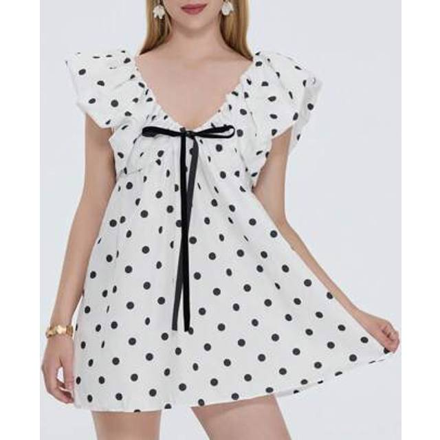 SHEIN Women Mini Dress Floral/Lemon/Dot Print Fly Sleeve Bowknot V-Neck Elegant Bodycon Dress Summer Casual Dress