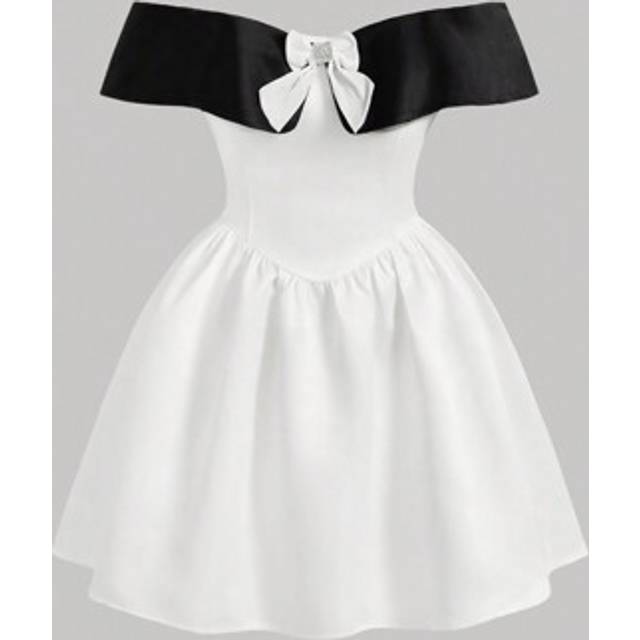 SHEIN Plus Size Black Color Block Bowknot Off Shoulder Retro Cute Girls&#39; Summer Dress