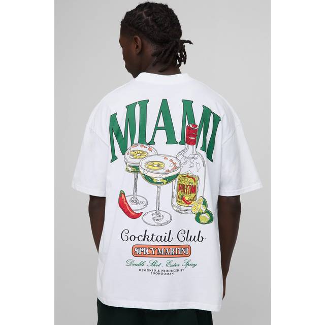 Oversized Extended Neck Miami Cocktail Club Printed T-Shirt - White - L