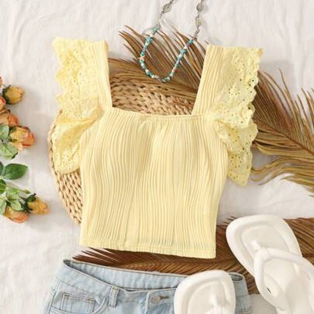 SHEIN Tween Girls Casual Vacation Flying Sleeves Square Neck Textured Fabric Fitted Blouse