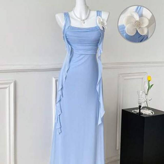 SHEIN 2025 Summer New Elegant Mesh Ribbon Floral Blue Slim Fit Crew Neck Midi Dress, Youthful & Graceful