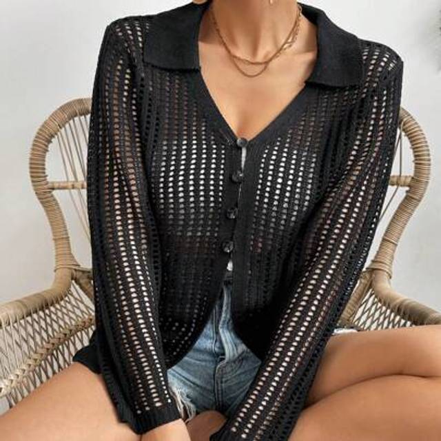 SHEIN Women&#39;s Summer Solid Hollow Button Cardigan, POLO Collar Beach Vacation Style Chiffon Elegant Loose Mid-Length Blouse