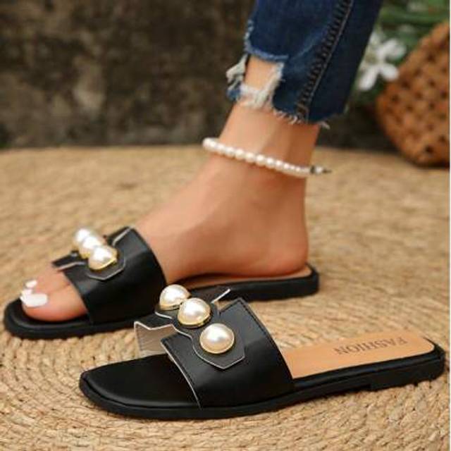 SHEIN Women Faux Pearl Flat Slippers, Fashionable Open Toe Non-Slip Solid Color Slides, Outdoor Versatile Sandals
