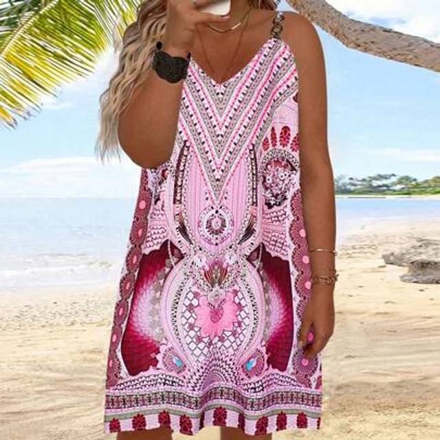 Breezaya Plus Size Summer Holiday Style All-Over Print Casual Vacation Slip Dress