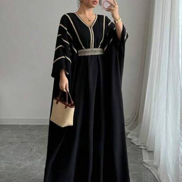 Rafferiza V-Neck Gold Lace Trim Waist Maxi Length Cover Up Dress