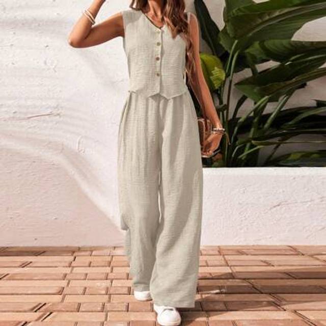 SHEIN Women&#39;s Solid Color Front Button Sleeveless Blouse And Long Pants Casual Suit Set  Fall Women Outfits Women Outfit Sets Winter Women Sets