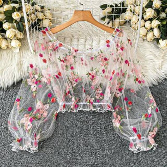 SHEIN Plus Size Off Shoulder Floral Mesh Embroidery Sheer Loose Elegant Summer Fashion Puff Sleeve Long Sleeve Lace Cover Up