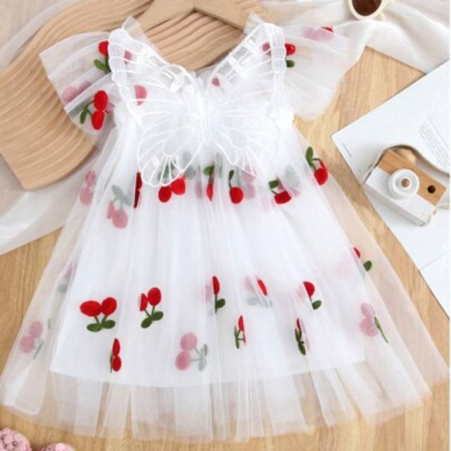 SHEIN 1pc Young Girls Lovely Elegant Princess Sweet Mesh Embroidered Butterfly Sleeve Decor Party Dress, Beach Dress, Spring/Summer