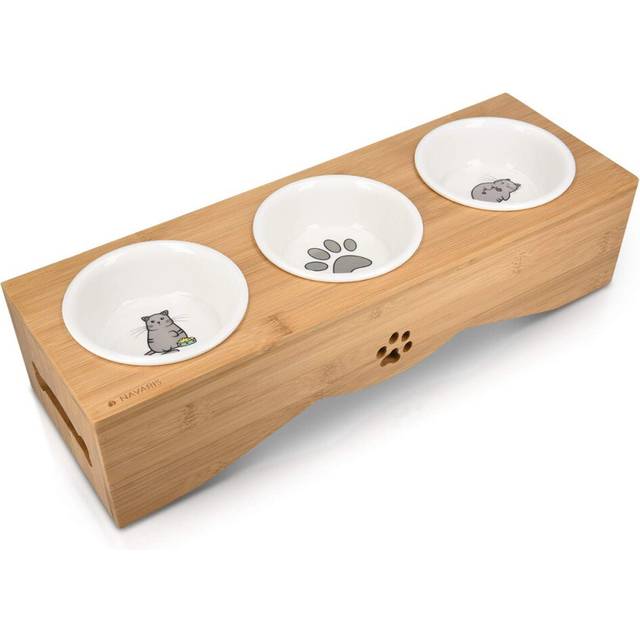 Navaris Raised Cat Bowls - Elevated Triple Cat Food Bowl Feeder - Ceramic Feeding Dishes with Bamboo Stand - 3 Dish Feeding Station Set with Printed