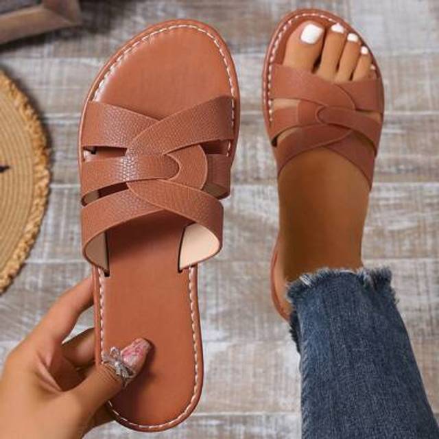 SHEIN New Spring/Summer Fashion H Logo Slip-On Sandals, Women Net Casual Roman Style Slide Slippers, Outdoor Wear, Black/Beige/Brown, Flat, Embossed, Blogge