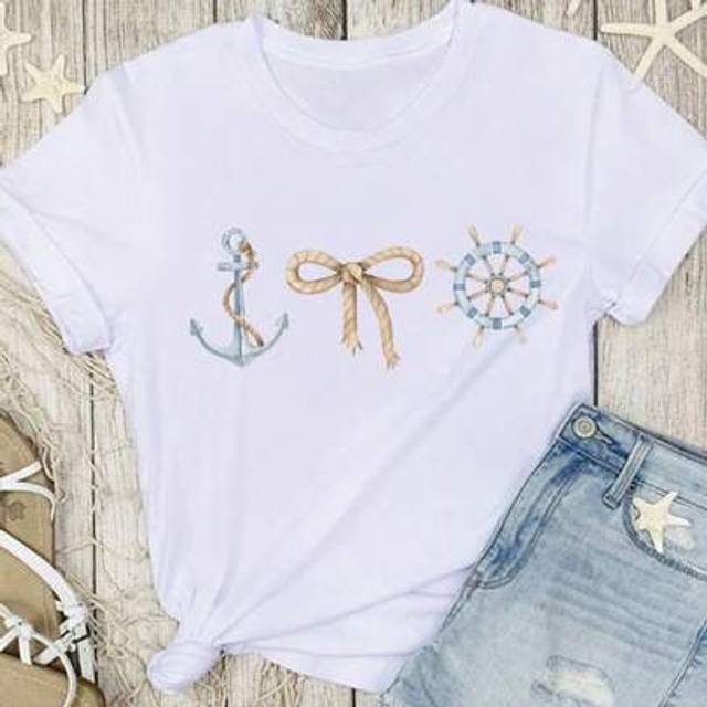 SHEIN Casual Vintage Nautical Print T-Shirt, Suitable For Summer Beach, Women Solid Color Round Neck Short Sleeve Simple Top, Daily Casual