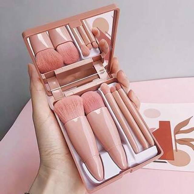 SHEIN 5-Piece Mini Travel Portable Box With Mirror Makeup Brush Suit Powder Brush Foundation Make-Up Brush Eye Shadow Brush Lip Brush