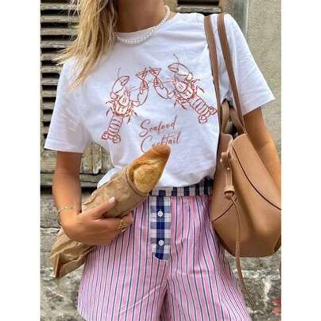 SHEIN Women Summer Casual Crew Neck Short Sleeve Lobster Print Graphic T-Shirt, Minimalist Style For Daily Wear