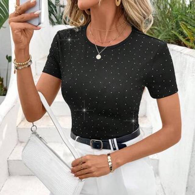 SHEIN Casual Women&#39;s Rhinestone Decor Fitted T-Shirt, Suitable For Parties And Going Out