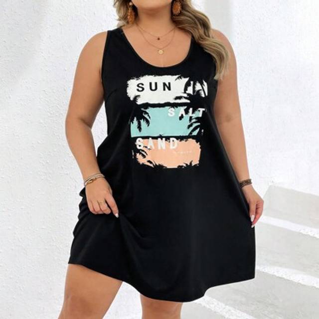 SHEIN Plus Size Women Summer Casual Simple Heart Pattern Round Neck Sleeveless Tank Dress Boho Vacation