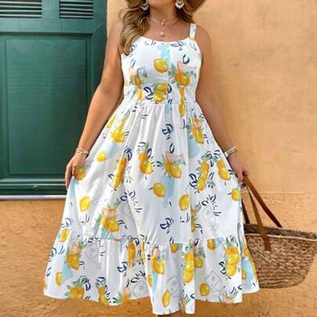 SHEIN Plus Size Vacation Romantic Island Casual Lemon Bottle Print Spaghetti Strap Sweetheart Neck Ruched Waist A-Line Dress Spring Outfits For Women,Summer